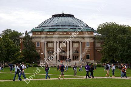 Soelinger Auditorium and students on the campus of the Universit of Illinois at Champaign.