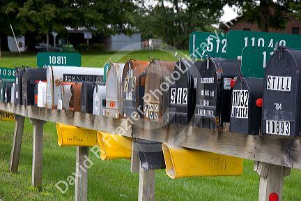 Rural mailboxes in a row east of Bellmore in Parke County, Indiana.