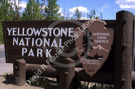 A sign at west entrance to Yellowstone National Park, Wyoming.