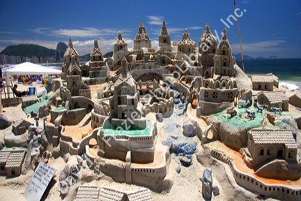 A large sandcastle on the Copacabana Beach in Rio de Janeiro, Brazil.