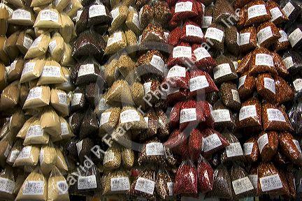 Bags of spices being sold at the Mercado Municipal in Sao Paulo, Brazil.