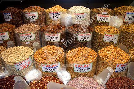 A variety of nuts being sold at the Mercado Municipal in Sao Paulo, Brazil.