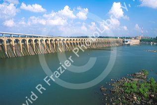 Wilson Dam near Mussel Shoals, Alabama operated by the Tennessee Valley Authority.  The dam generates electricity and forms a portion of the Tennessee River barge route.