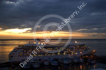 A cruise ship Seven Seas Mariner at sunset docked in Manaus, Brazil.