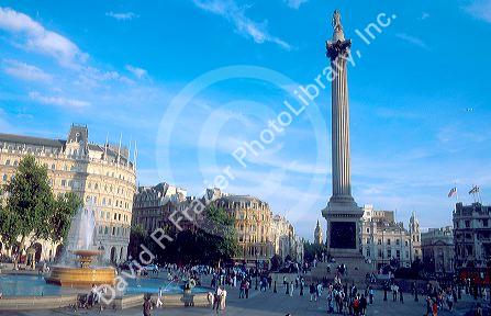 Trafalgar Square and Nelson's Column in London, England is crowded with local residents and tourists daily.