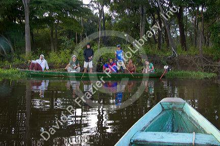 People fishing from a dugout canoe on the Arasa River in the Amazon jungle near Manaus, Brazil.