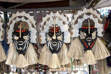 Amazon masks made of fish scales and bones by indians in Manaus, Brazil.