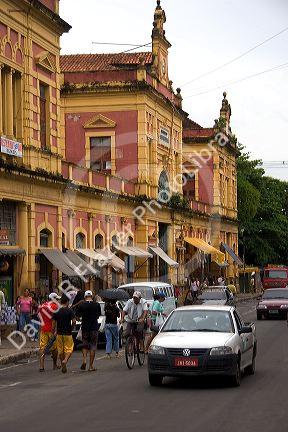 The Municipal Market and street scene in Manaus, Brazil.