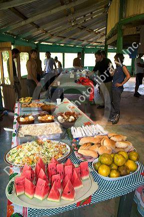 Buffet food being served to guests at a lodge in the Amazon jungle near Manaus, Brazil.