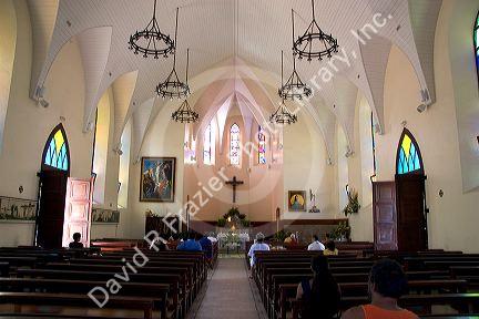 Interior of the Cathedral de Notre Dame, a catholic church in Papeete on the island of Tahiti.