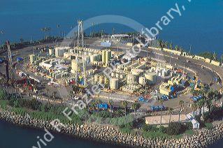 Oil rig in Long Beach, California on man made island.