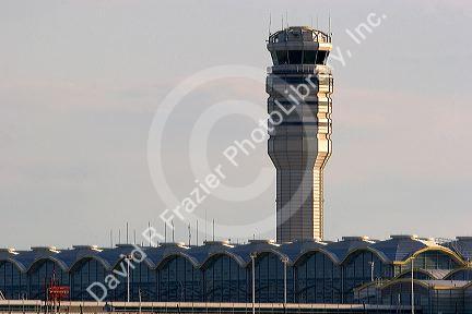 Air traffic control tower and terminal at Washington Reagan airport.