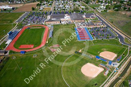 Aerial view of athletic field at Caldwell High School in Caldwell, Idaho.