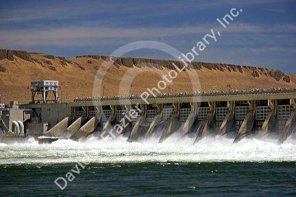 McNary Dam spans the Columbia River between Washington and Oregon at Umatilla, Oregon.