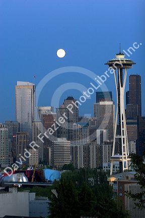 Full moon over the city of Seattle, Washington.