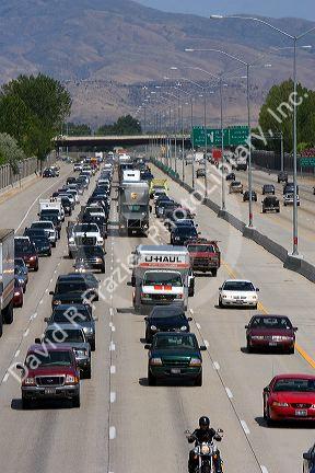Heavy traffic on Interstate 84 near Boise, Idaho.