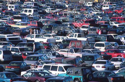Crowded shopping mall parking lot in Boise, Idaho.