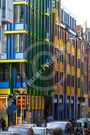 Colorful buildings and street scene in Amsterdam, Netherlands.