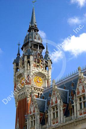 The tower atop the Hotel de Ville at Calais in the department of Pas-de-Calais, France.