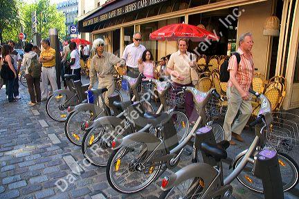 A rack of rental bicycles are part of the Velib, a bike transit system in Paris, France.