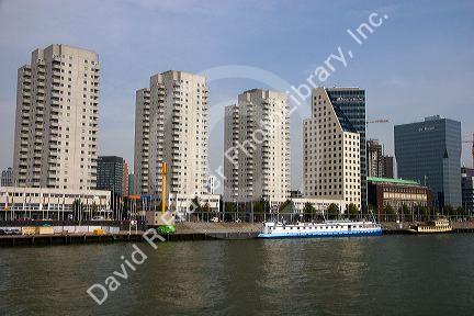 High rise buildings along the Nieuwe Maas river at Rotterdam, Netherlands.