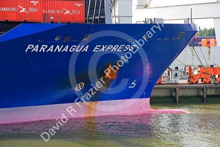 Bow of a container ship at the Port of Rotterdam, Netherlands.