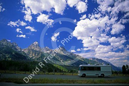 A mobile home traveling in Grand Teton National Park, Wyoming.