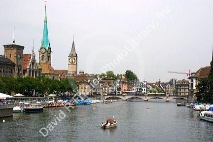 Limmat River in Zurich, Switzerland.switzerland, swiss, europe, european, travel, tourism, swiss alps, alps, alpine, zurich, river, boats, limmat, limmat river