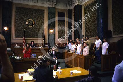 Jury being sworn in at a courtroom in Portland, Oregon.