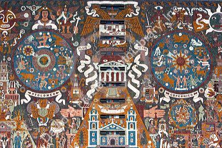 A close up view of the exterior stone mosaic mural on the Central Library on the campus of the National Autonomous University of Mexico in Mexico City, Mexico.