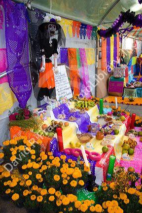 A display of offerings for the Day of Dead in Mexico City, Mexico.