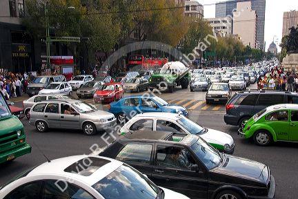 Heavy traffic at the intersection of Paseo de la Reforma and Eje Central Lazaro Cardenas in Mexico City, Mexico.