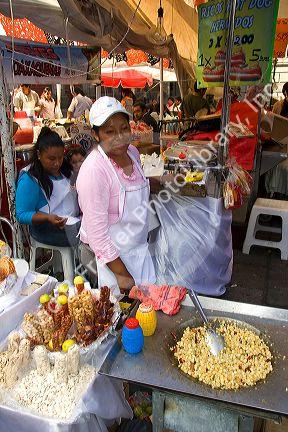A street vendor selling hominy in Mexico City, Mexico.