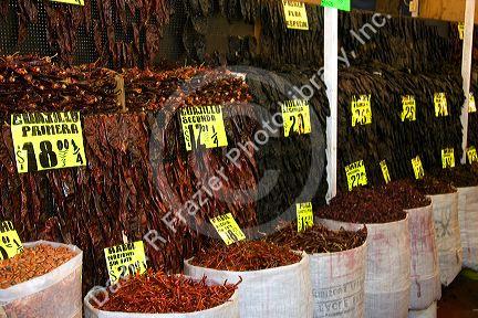 Dried peppers being sold at the Merced Market in Mexico City, Mexico.