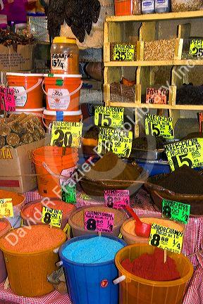 Spices being sold at the Merced Market in Mexico City, Mexico.