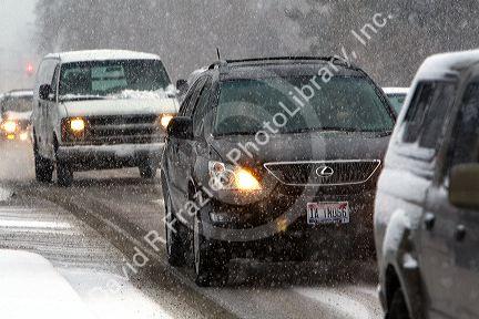 Traffic on a snowy day in Boise, Idaho.