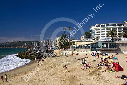 Hotel del Mar and beach scene at Vina del Mar, Chile.