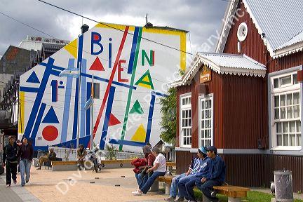 Street scene and tourist information center at Ushuaia on the island of Tierra de Fuego, Argentina.