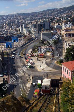 Tram-like vehicle is part of a funicular railway at Valparaiso, Chile.