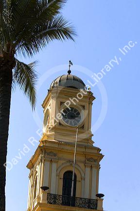 The clock tower atop the National Historical Museum in Santiago, Chile.