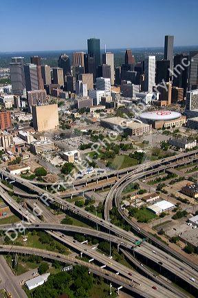 Aerial view of the freeway interchange of Interstate 45 and U.S. Highway 59 in the city of Houston, Texas.
