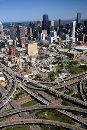 Aerial view of the freeway interchange of Interstate 45 and U.S. Highway 59 in the city of Houston, Texas.