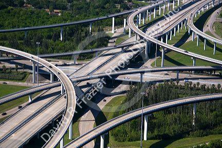 Aerial view of the freeway interchange of Interstate 45 and the State Highway Beltway 8 in Houston, Texas.