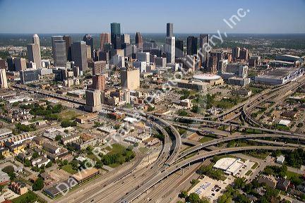 Aerial view of the freeway interchange of Interstate 45 and U.S. Highway 59 in the city of Houston, Texas.
