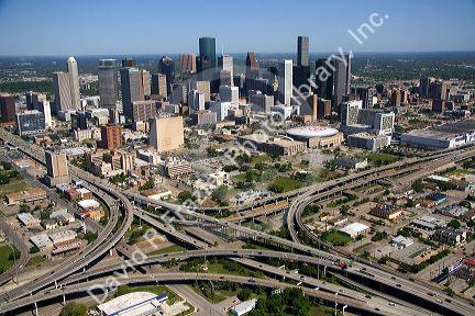 Aerial view of the freeway interchange of Interstate 45 and U.S. Highway 59 in the city of Houston, Texas.