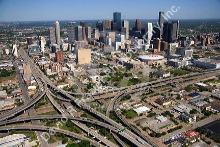 Aerial view of the freeway interchange of Interstate 45 and U.S. Highway 59 in the city of Houston, Texas.
