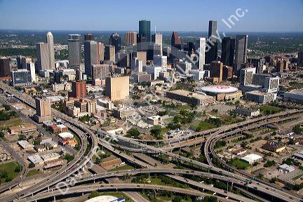 Aerial view of the freeway interchange of Interstate 45 and U.S. Highway 59 in the city of Houston, Texas.