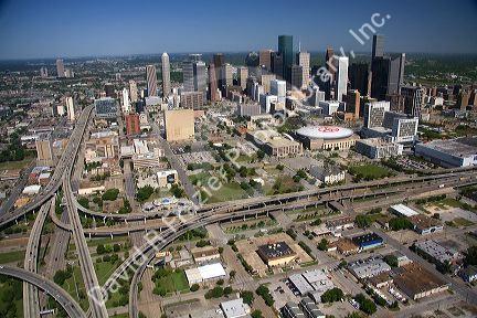 Aerial view of the freeway interchange of Interstate 45 and U.S. Highway 59 and downtown Houston, Texas.
