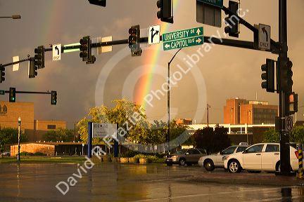Double rainbow above Boise State Univeristy in Boise, Idaho.