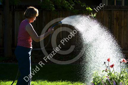 Woman watering flowers in Boise, Idaho. MR